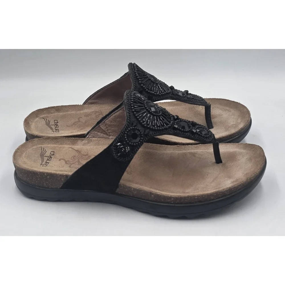Dansko Black Beaded Leather Thong Sandals